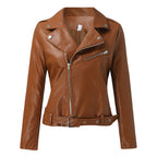 Women's Cropped Faux Leather Moto Jacket with Belted Waist Contemporary Streetwear Style