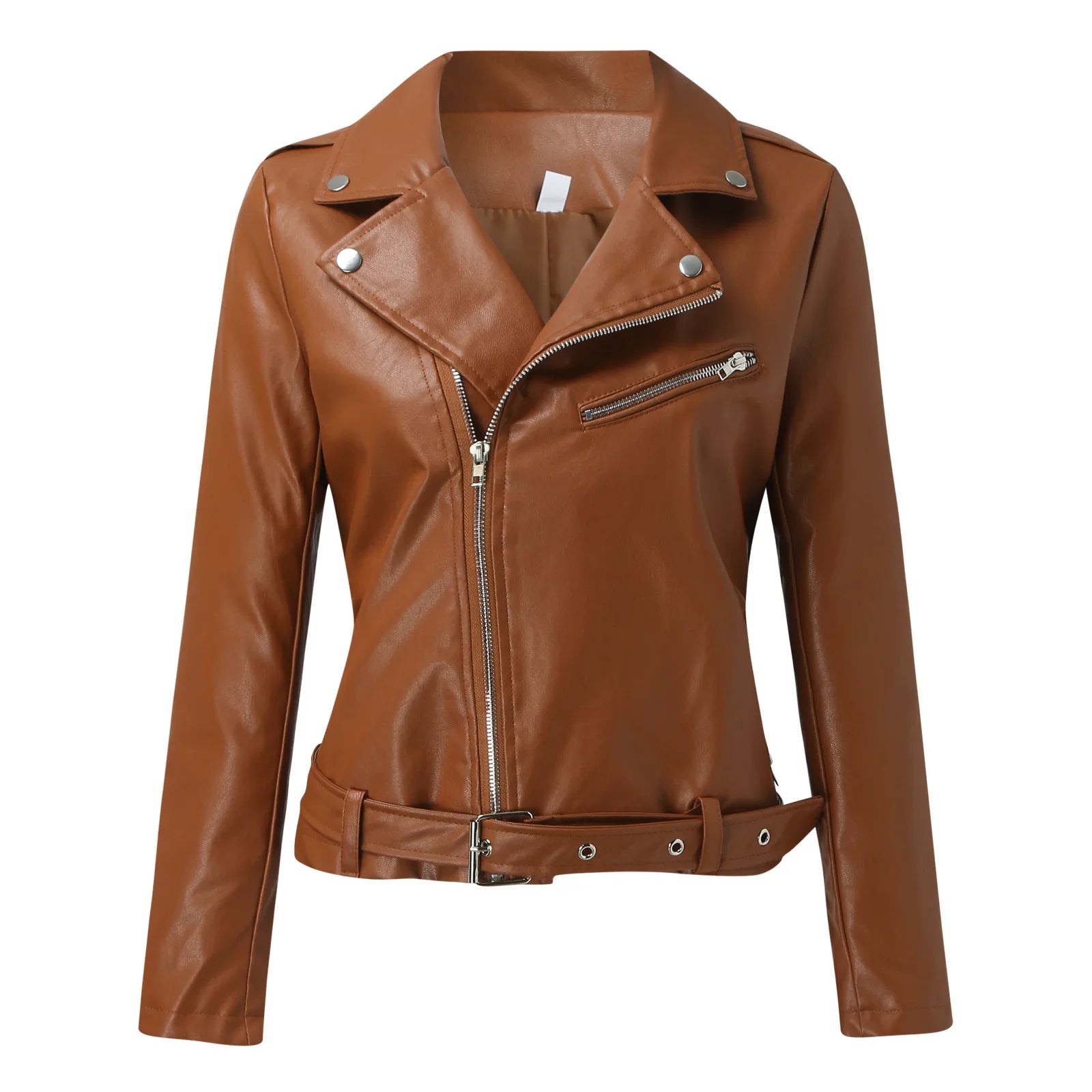 Women's Cropped Faux Leather Moto Jacket with Belted Waist Contemporary Streetwear Style