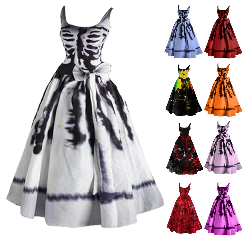 Halloween Skeleton Ribcage Print Flared Swing Dress with Waist Bow