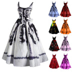 Halloween Skeleton Ribcage Print Flared Swing Dress with Waist Bow