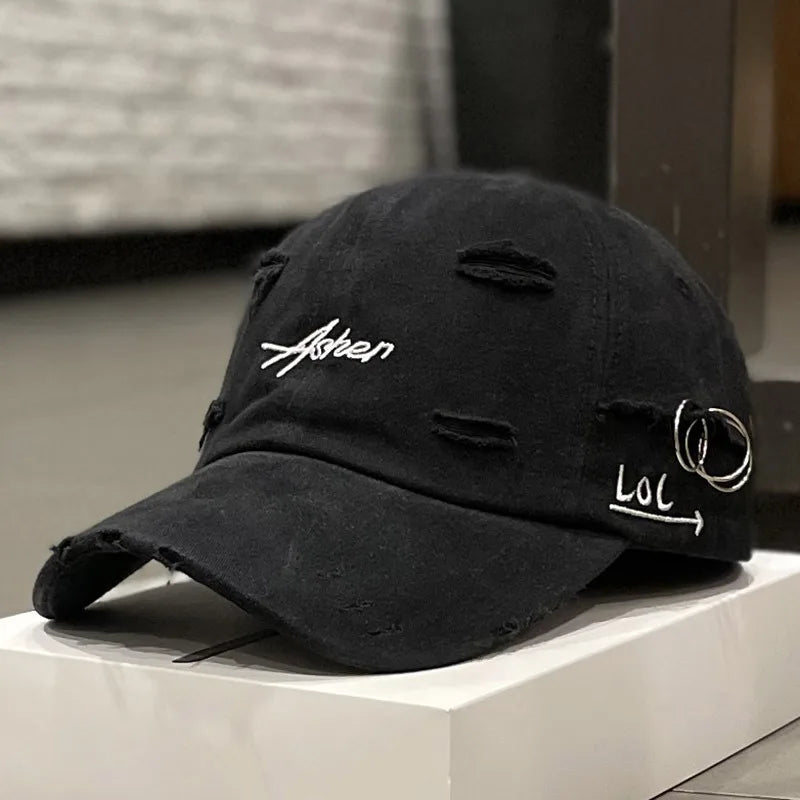 Vintage Distressed Embroidered Baseball Cap Adjustable Curved Brim Casual Streetwear Hat