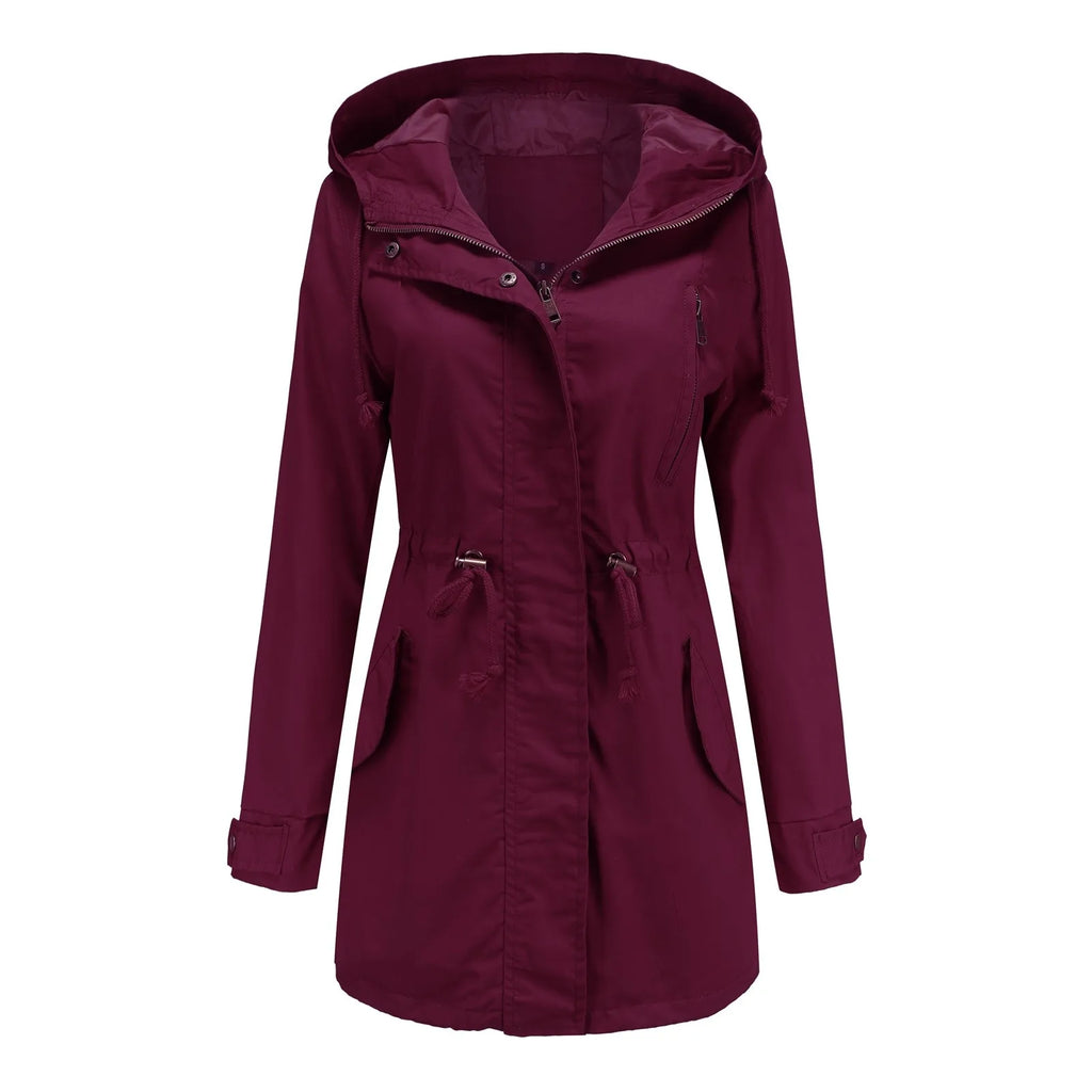 Women's Hooded Drawstring Longline Windbreaker Jacket with Lightweight Streetwear Outdoor Style