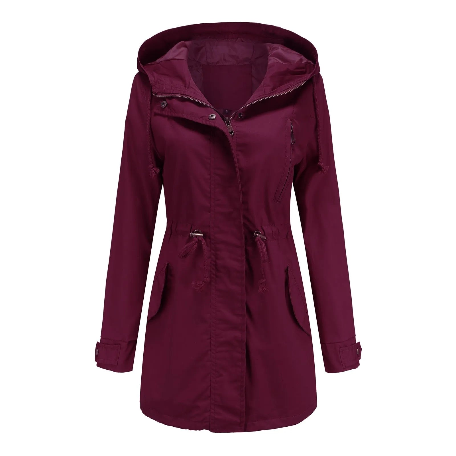 Women's Hooded Drawstring Longline Windbreaker Jacket with Lightweight Streetwear Outdoor Style