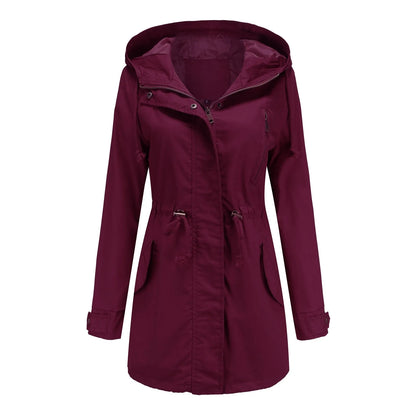 Women's Hooded Drawstring Longline Windbreaker Jacket with Lightweight Streetwear Outdoor Style