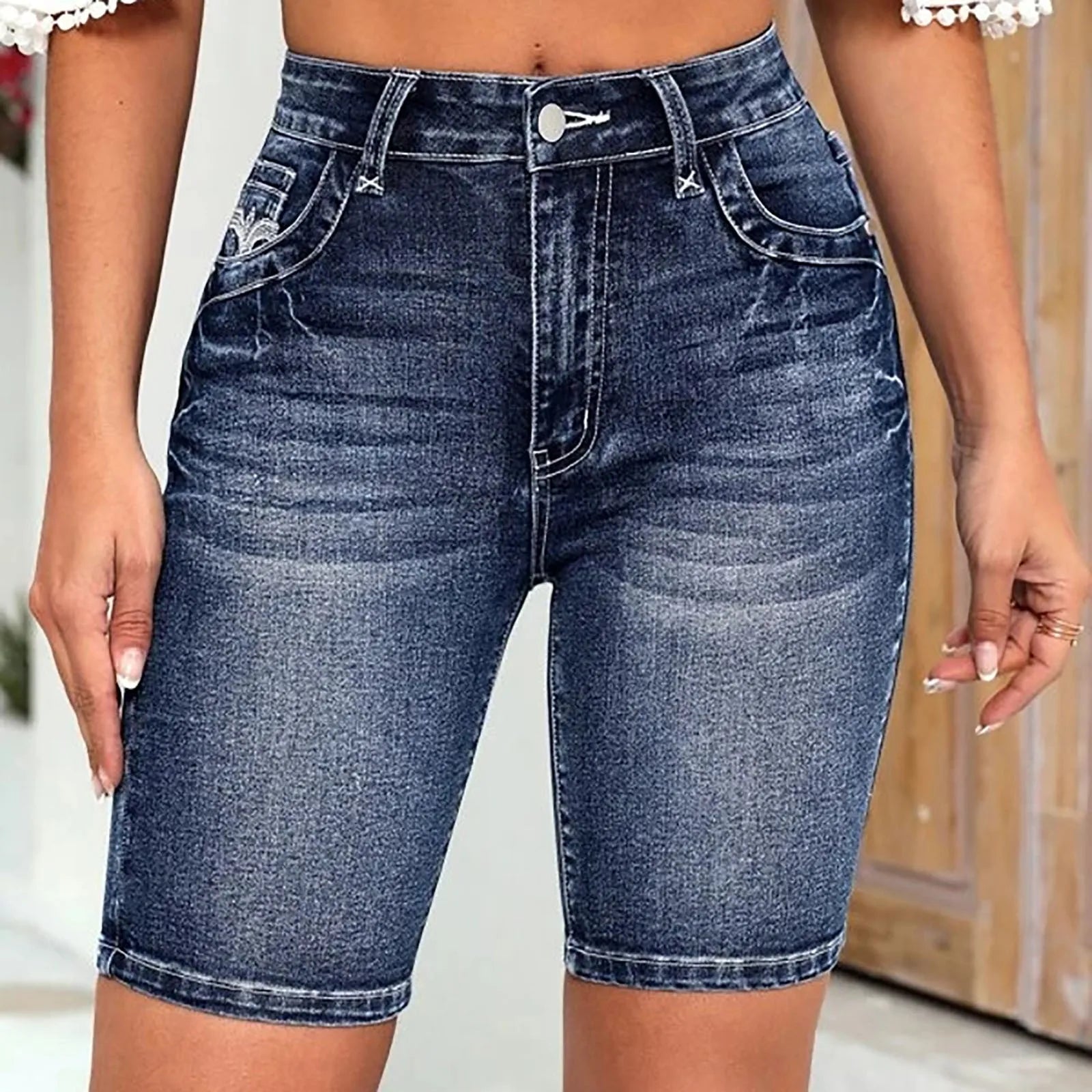 Women's High Waist Denim Style Bermuda Shorts with Straight Fit and Everyday Comfort