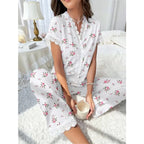 Women's Cherry Print Pajama Set with Button-Front Short-Sleeve Top and Matching Ankle-Length Pants, Lace-Trim Sleepwear