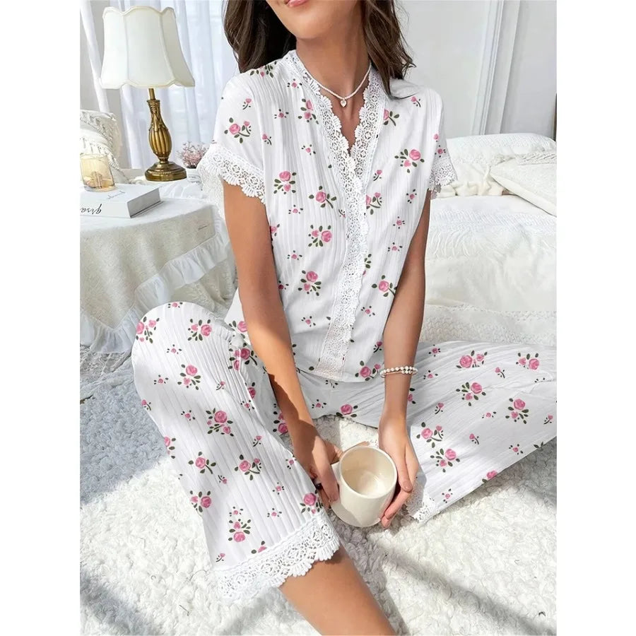 Women's Cherry Print Pajama Set with Button-Front Short-Sleeve Top and Matching Ankle-Length Pants, Lace-Trim Sleepwear