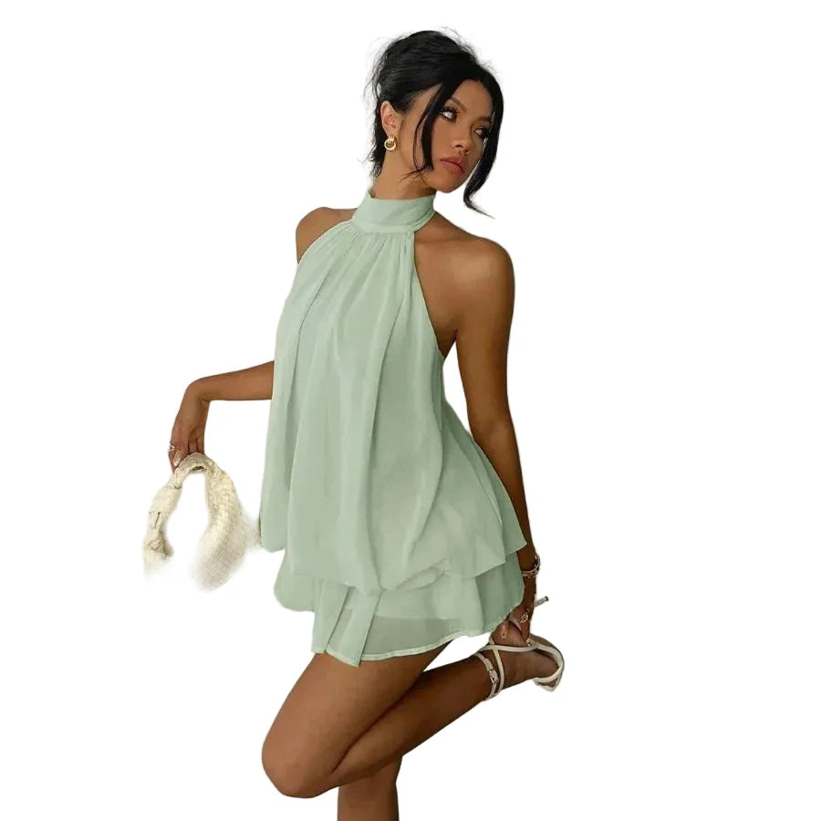 Flowy Mint Green Halter Neck Mini Dress with Tiered Hem