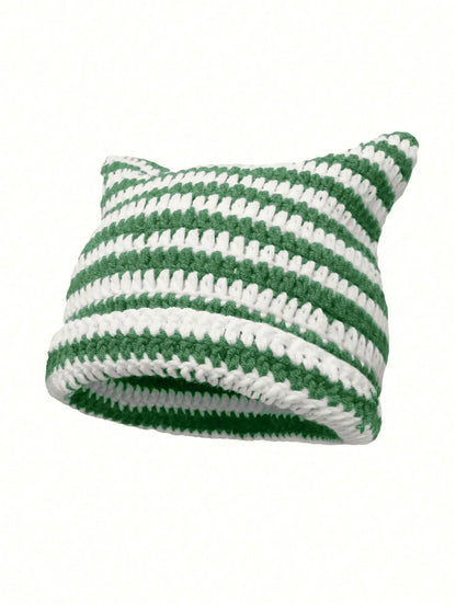 Striped Cat Ear Knit Beanie with Cotton Blend Construction for Playful Streetwear Winter Fashion