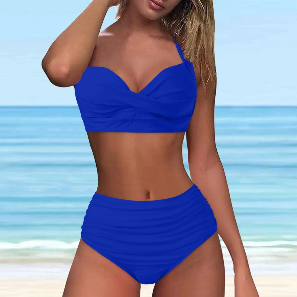 High-Waisted Blue Two-Piece Bikini Set with Structured Cup Detail and Feminine Frill Accent