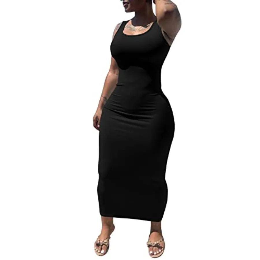 Essential Sleeveless Black Bodycon Maxi Dress with Scoop Neckline