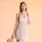 Sweet Patterned Camisole Sleep Dress with Lace Trim and Ruffled Hem