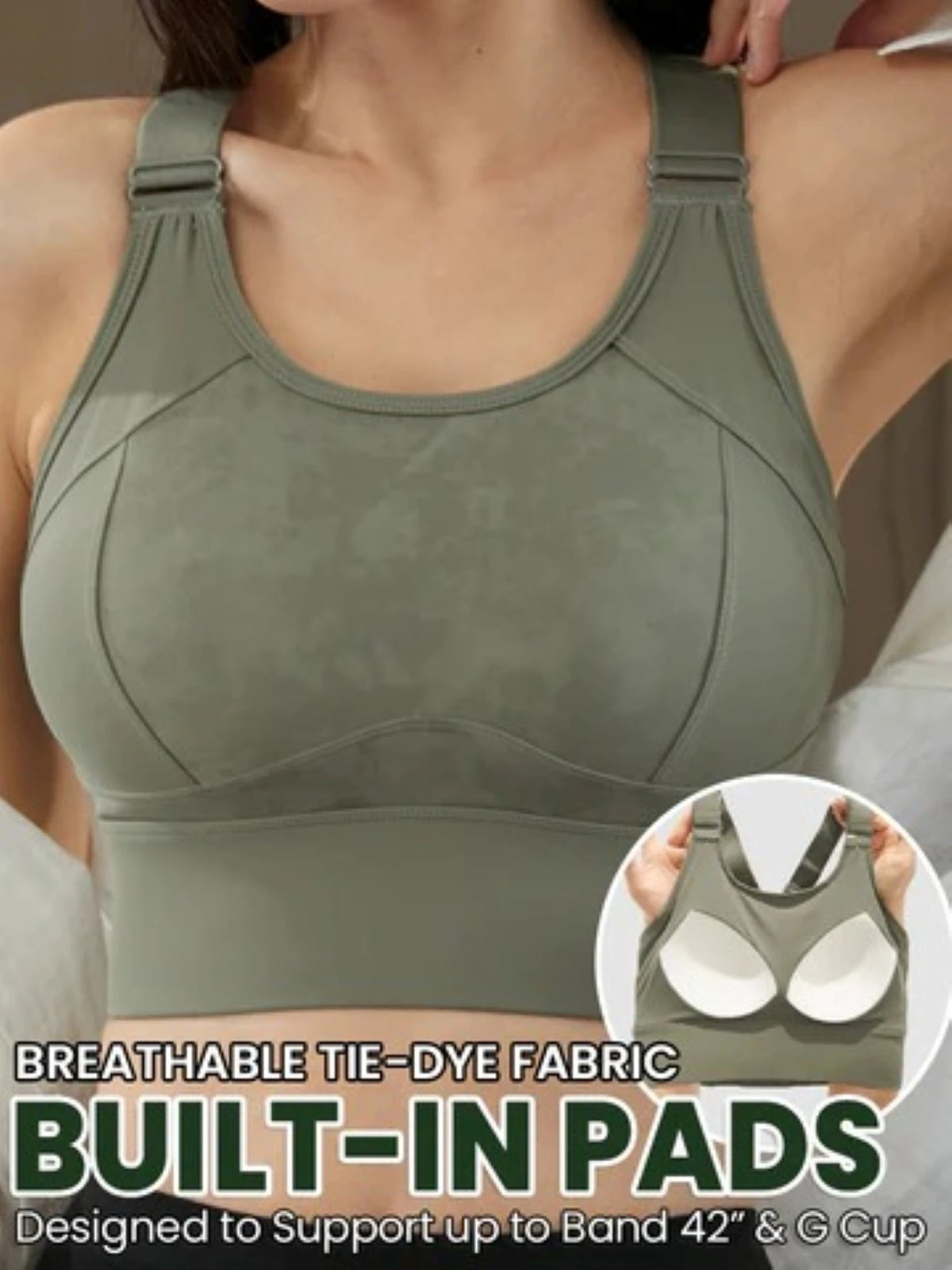 Olive Green Full-Coverage Sports Bra with Racerback Keyhole and Wide Band