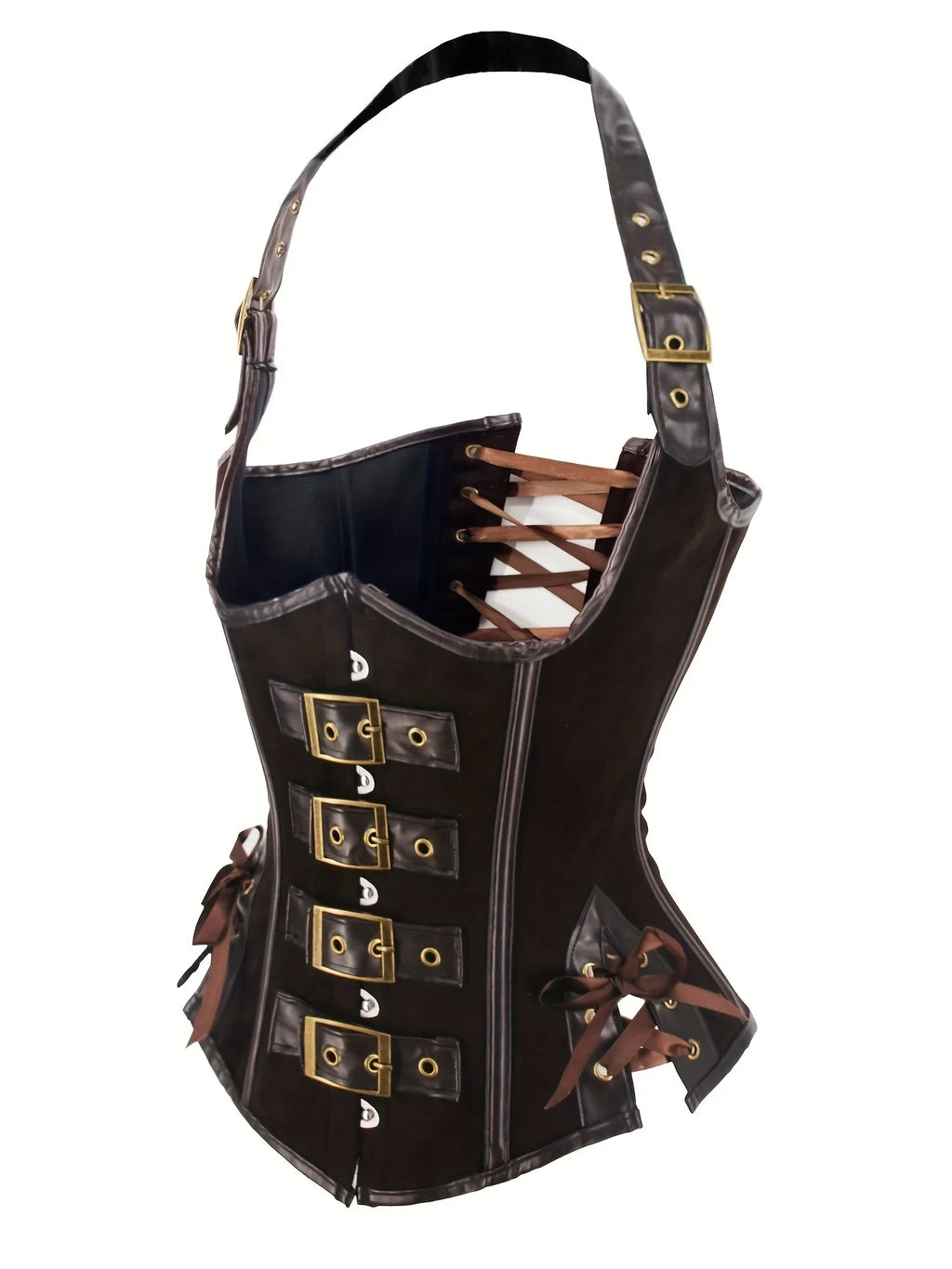 Vintage-Inspired Dark Faux Leather Underbust Corset with Adjustable Halter Straps and Metal Buckles