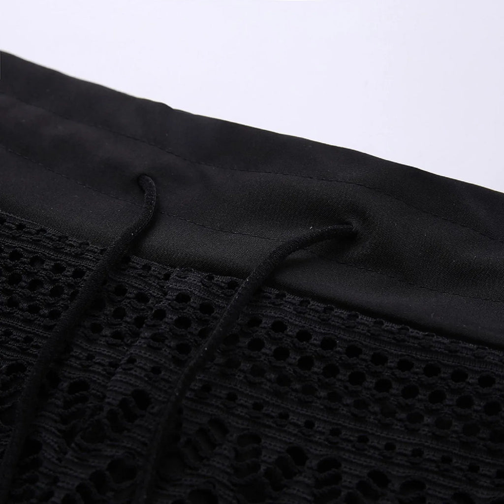 Crochet Lace Swim Shorts with Drawstring Waistband and Scalloped Side Slit