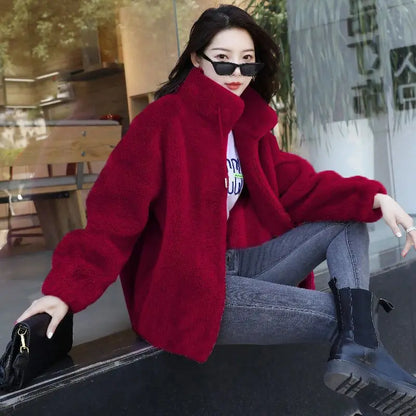 Women's Plush Fleece Zip-Up Jacket with Stand Collar Cozy Streetwear Winter Outerwear