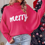 Women's Festive Typography Knit Relaxed Fit Holiday Sweater Pullover