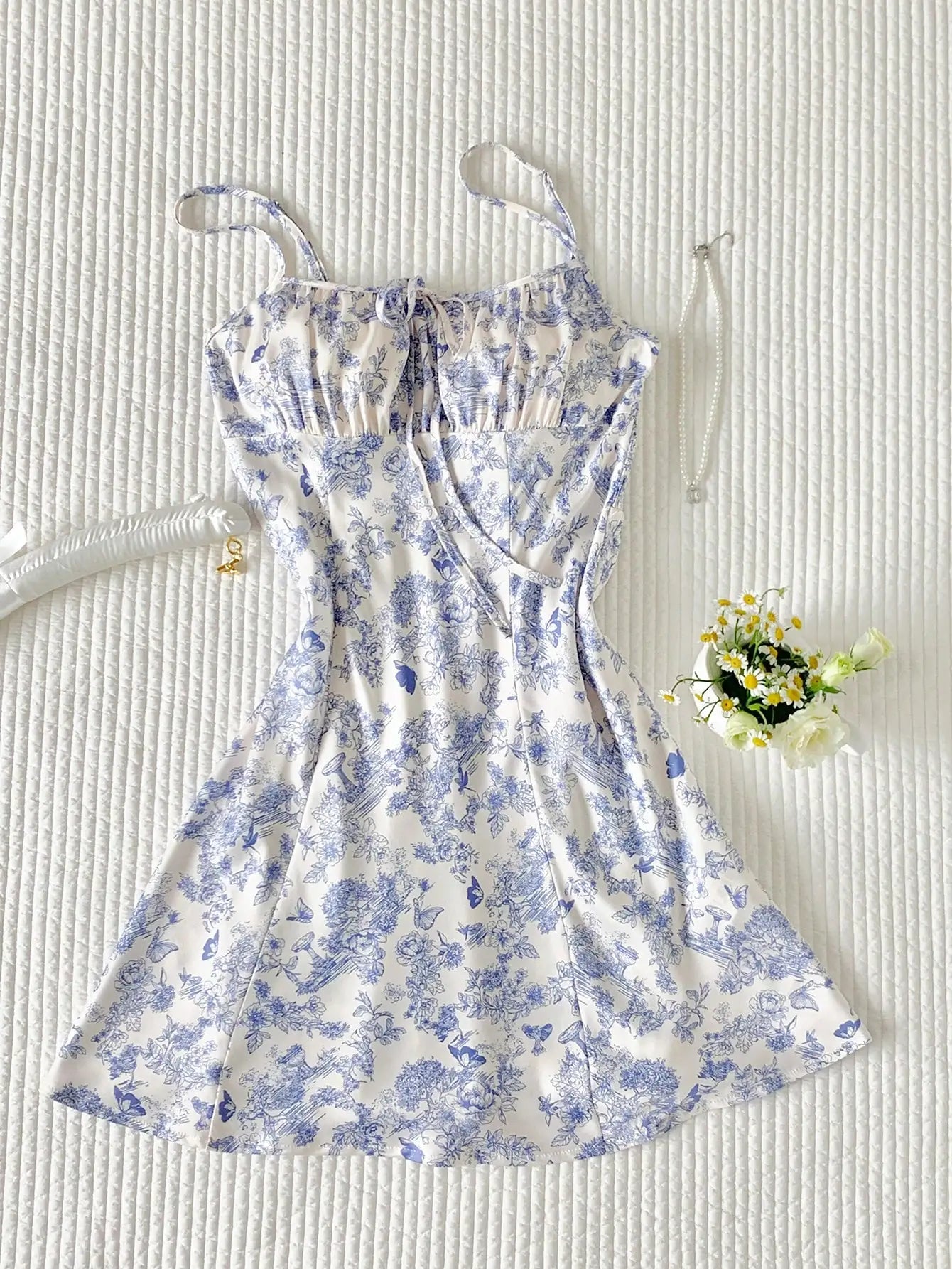 Plaid Square Neck Strap Mini Dress with Bow Detail and A-Line Fit