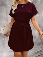 Batwing Sleeve Waist Tie Mini Dress with Relaxed A-Line Silhouette