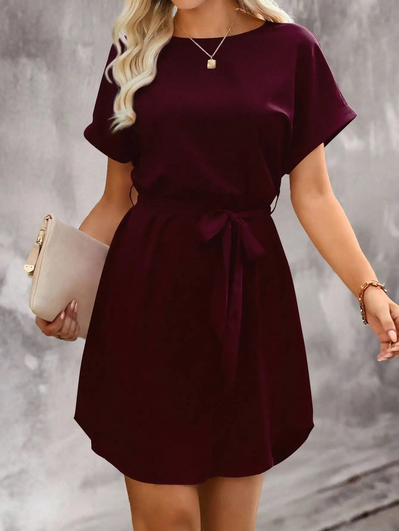 Batwing Sleeve Waist Tie Mini Dress with Relaxed A-Line Silhouette