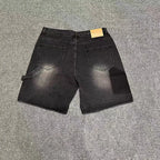 Men's Distressed Denim Shorts with Decorative Rhinestone Details and Modern Streetwear Style