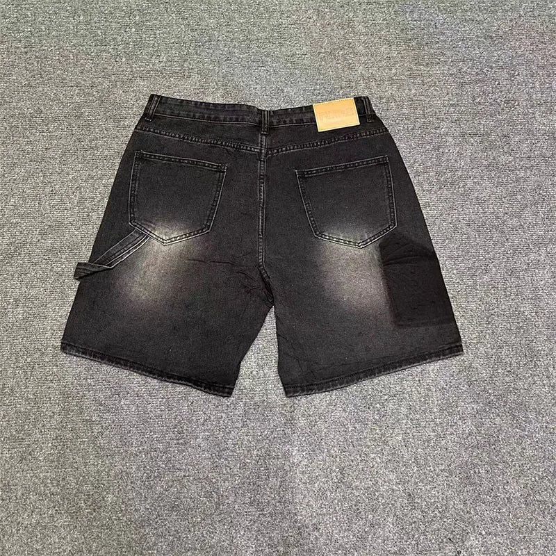 Men's Distressed Denim Shorts with Decorative Rhinestone Details and Modern Streetwear Style