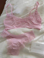 Minimalist Light Pink Wire-Free Lounge Bralette and Brief Set with Delicate Lace Edging