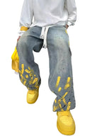 Unisex Relaxed Straight Leg Washed Denim Jeans with Graphic Print Streetwear Design