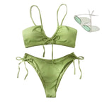 Ribbed Light Green Bralette Bikini with Center Tie Detail