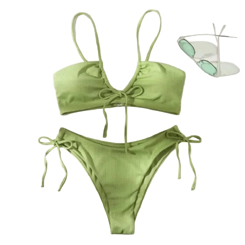 Ribbed Light Green Bralette Bikini with Center Tie Detail