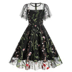 Vintage Floral Gothic Midi Dress with Retro Alternative Elegance