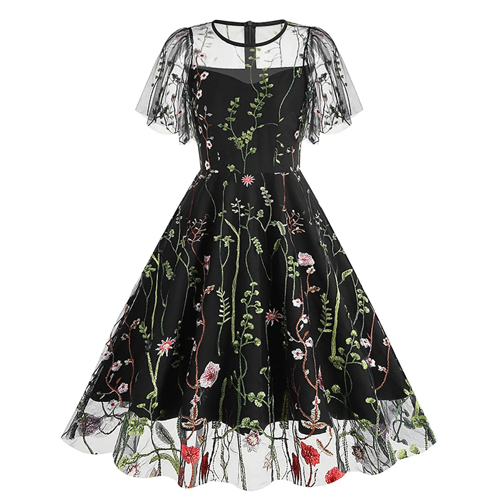 Vintage Floral Gothic Midi Dress with Retro Alternative Elegance
