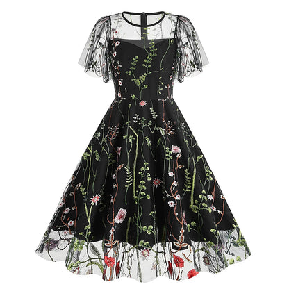 Vintage Floral Gothic Midi Dress with Retro Alternative Elegance