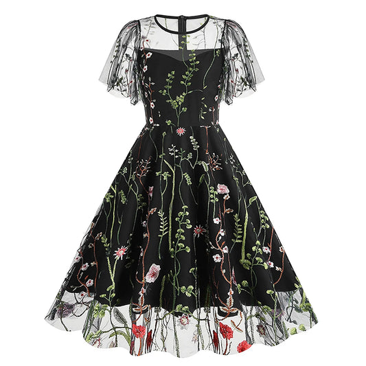 Vintage Floral Gothic Midi Dress with Retro Alternative Elegance