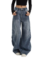 Women's Mid-Rise Loose Wide-Leg Straight Denim Jeans with Vintage Washed Everyday Casual Style