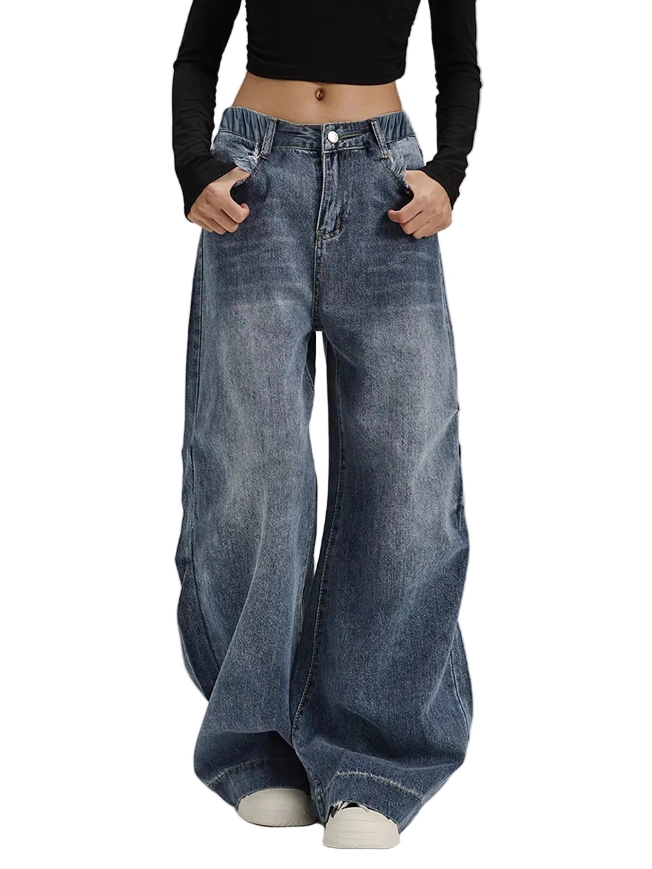 Women's Mid-Rise Loose Wide-Leg Straight Denim Jeans with Vintage Washed Everyday Casual Style