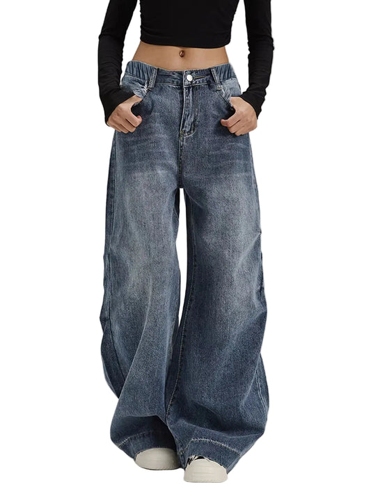 Women's Mid-Rise Loose Wide-Leg Straight Denim Jeans with Vintage Washed Everyday Casual Style