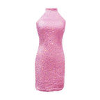 Halter Neck Glitter Bodycon Mini Dress with Ruched Fitted Silhouette
