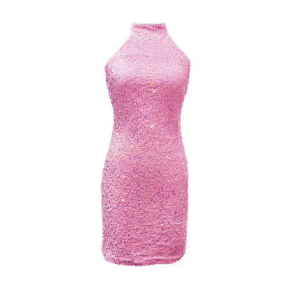 Halter Neck Glitter Bodycon Mini Dress with Ruched Fitted Silhouette
