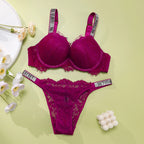 Romantic Textured Floral Lace Contour Bra Set with Sparkling Statement Straps