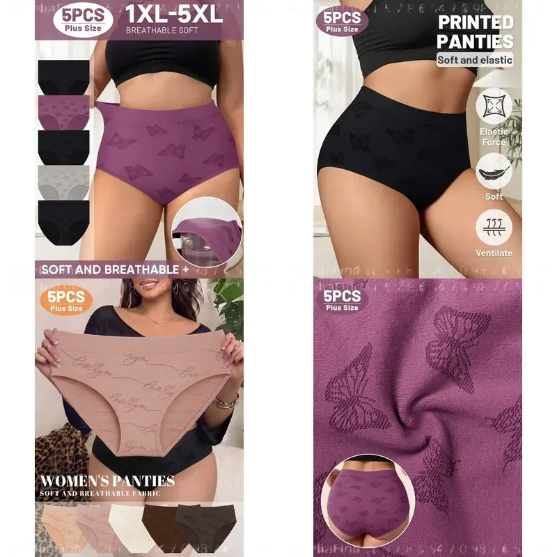 5-Piece Plus-Size Women’s Briefs Set with High-Rise Triangle Silhouette, Lace Texture and Assorted Soft Colors