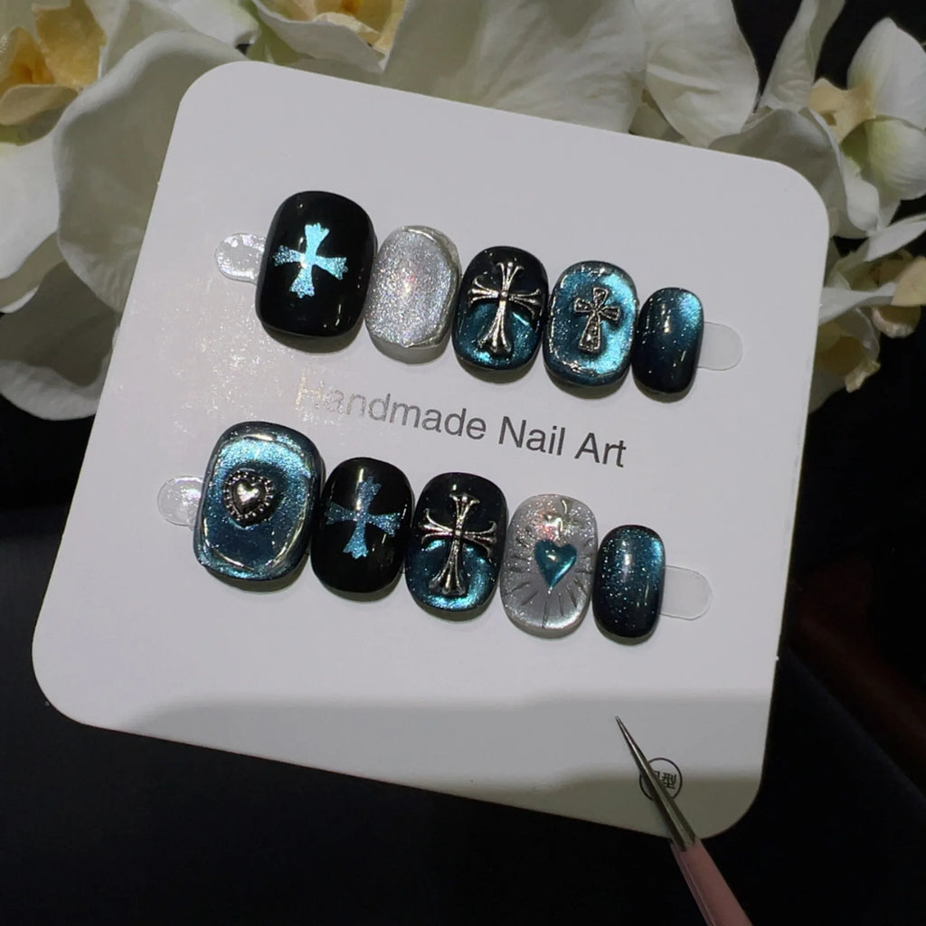 Gothic Cross Inspired Press On Nails with Alternative Statement Artwork