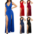 Deep V Maxi Dress With High Slit And Sculpted Fit
