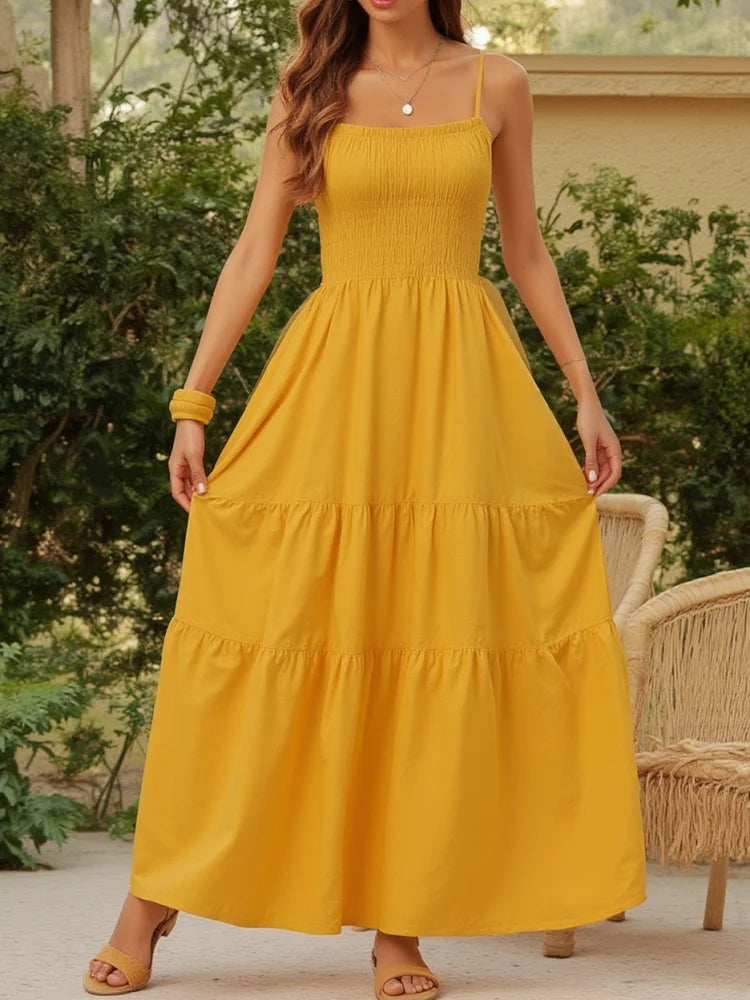Vibrant Yellow Smocked Tiered Maxi Dress with Delicate Spaghetti Straps