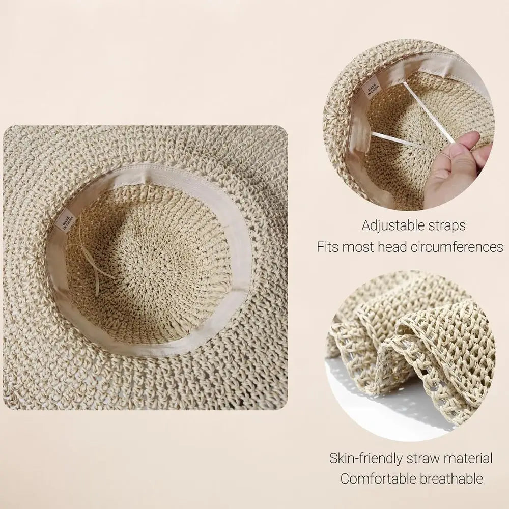 Packable Wide Brim Straw Sun Hat with Foldable Design for Beach Travel and Outdoor Adventures