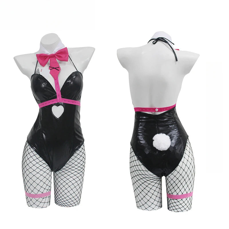 Daring Black Bodysuit Set with Pink Harness Details and Heart Cutout