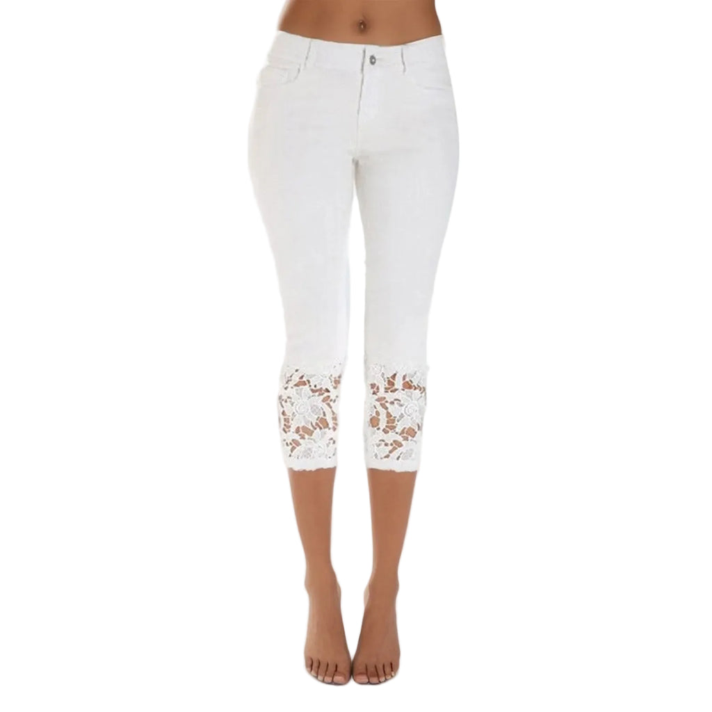 Women's Low Rise Cropped Capri Pants with Lace Hem Detail and Casual Slim Fit