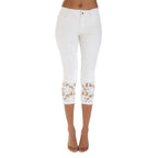 Women's Low Rise Cropped Capri Pants with Lace Hem Detail and Casual Slim Fit