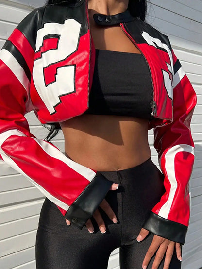 Cropped Faux Leather Varsity Style Zip Jacket with Statement Streetwear Design