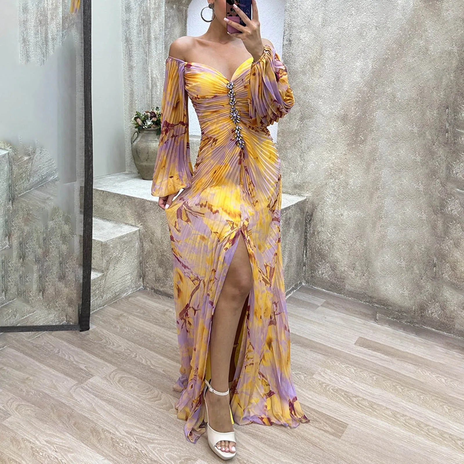 Printed Pleated Maxi Dress with Long Sleeves and Side Slit